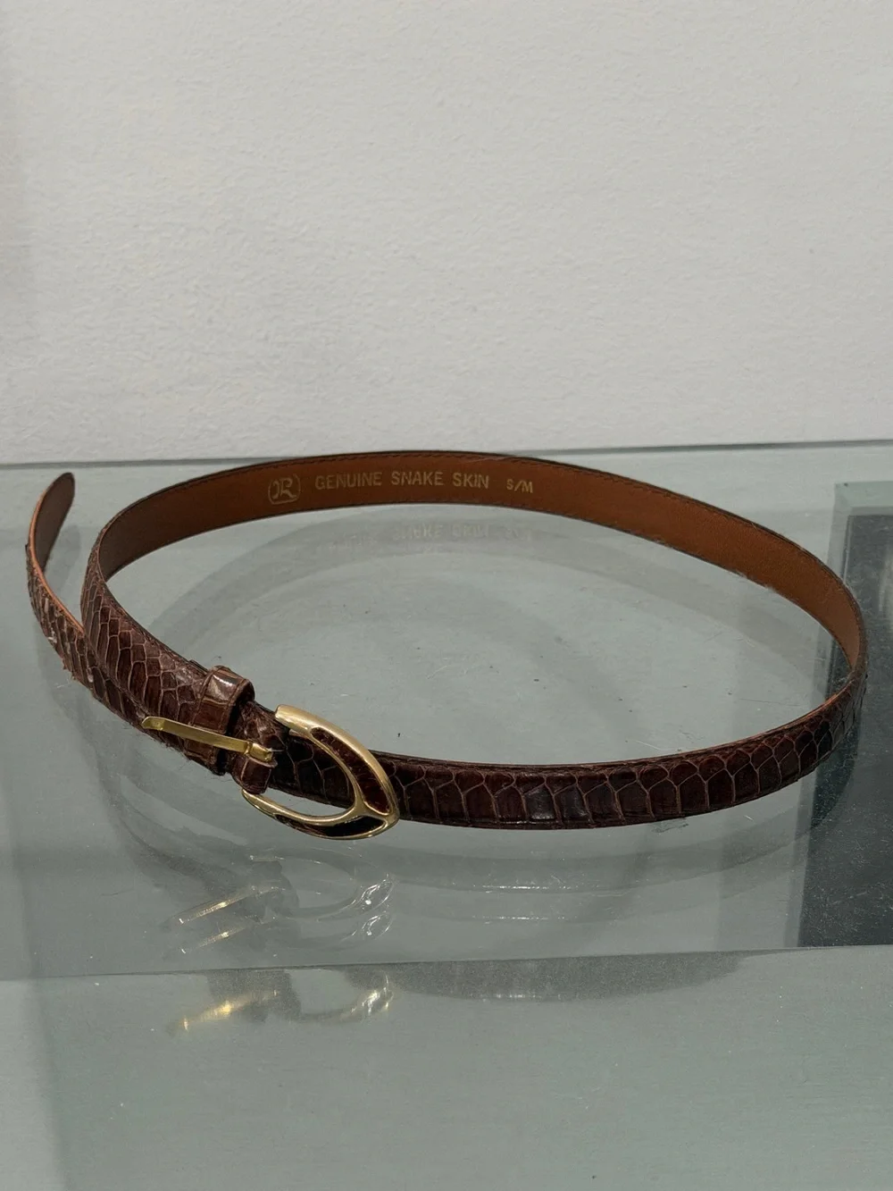 Vintage 80s JR Originals Genuine Snakeskin Thin Belt Goldtone Belt Buckle S/M